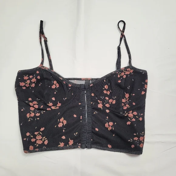 Garage Black Floral Cropped Cami Top with Pink Blossoms - Picture 1 of 4